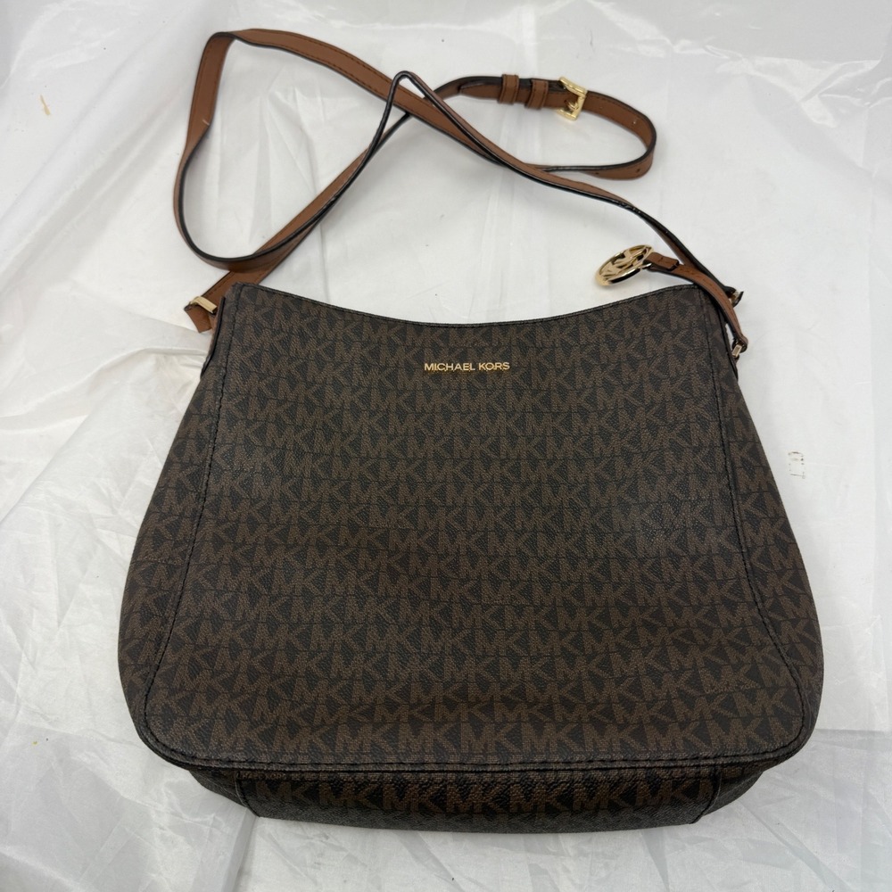 Michael Kors Brown Monogram Crossbody Bag Messenger Gold Hardware Logo